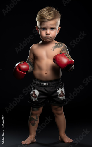 Portrait of a little boy in boxing gloves on a black background. Generative AI © Anna