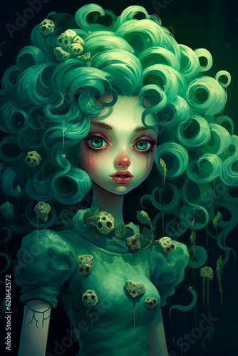 Witch  mermaid with green hair and roses in her hair. Generative AI