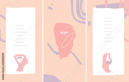 Drinks menu. Vector template. Pastel colors that are associated with  sweet fruits and tasty additions to drinks, summer and beach. List, flyer, menu, banner. Layout for outdoor restaurant, pool bar