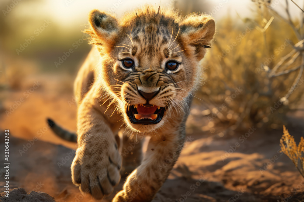 Naklejka premium lion cub playing, full body camera, beautiful background, savannah background, ai generated.