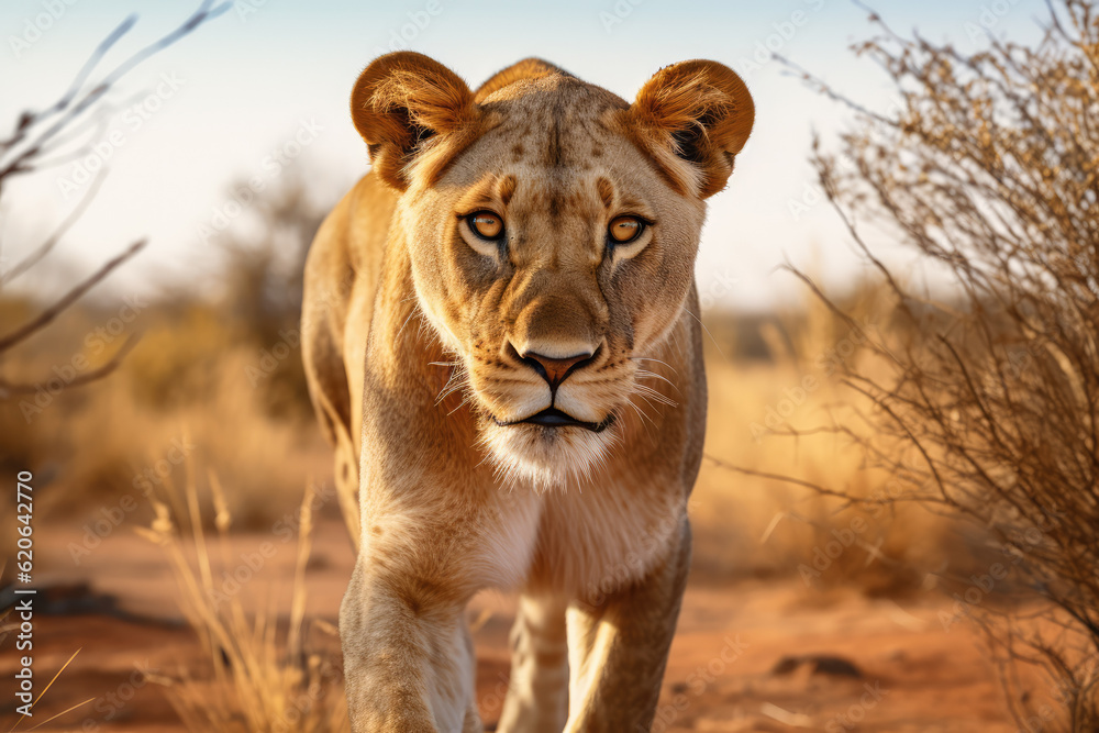 Naklejka premium angry lionesses fighting, full body camera, beautiful background, savannah background, ai generated.