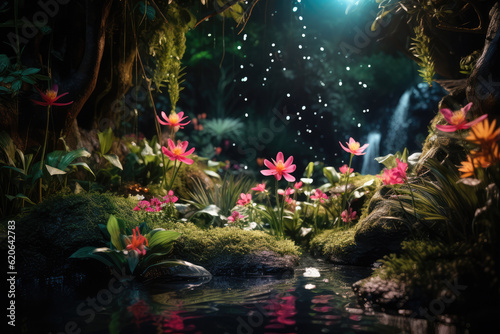a beautiful magical garden, with waterfalls, with sapucaia trees, and fireflies, ai generated. © Giovanna