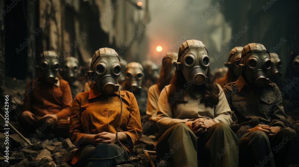 Nuclear war concept. Women in gas masks sitting on the ground at night in a destroyed city. Generative AI.