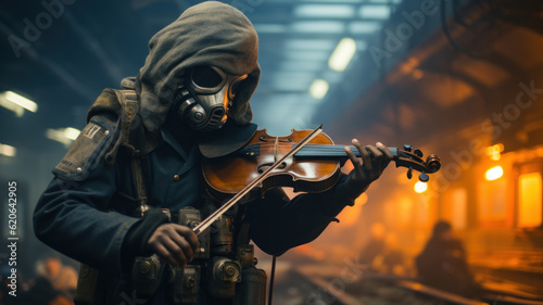 Person in a gas mask with a violin in his hands play in post apocalypse train station. Generative AI.