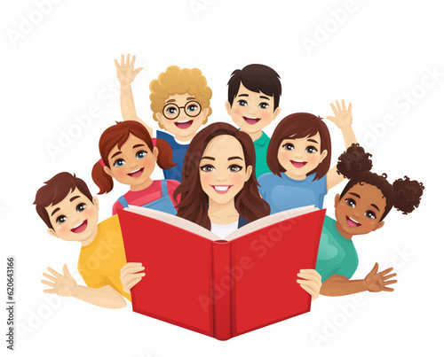 Cute kids reading big story book with female teacher isolated vector illustration