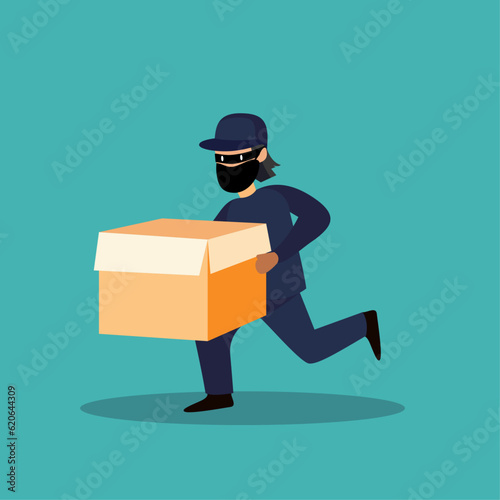 Thief carrying stolen box flat style simple vector illustration, A masked Robber running with stolen goods flat style stock vector image