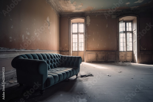 Empty Room with Couch and pealing wallpaper created with Generative AI