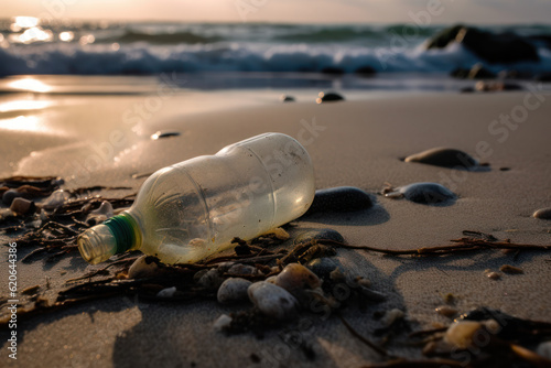 Plastic bottle trash on ocean shore