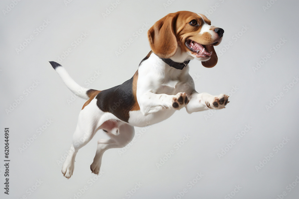 Happy Beagle dog jumping on a white background. Banner concept for pet shop, e commerce pet, veterinary clinics. Generative AI. 