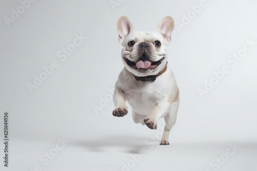 Happy French Bulldog dog jumping on a white background. Banner concept for pet shop, e commerce pet, veterinary clinics. Generative AI. 
