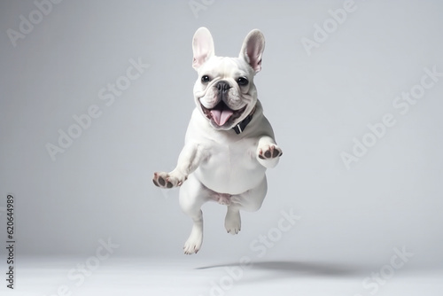 Happy French Bulldog dog jumping on a white background. Banner concept for pet shop, e commerce pet, veterinary clinics. Generative AI. 