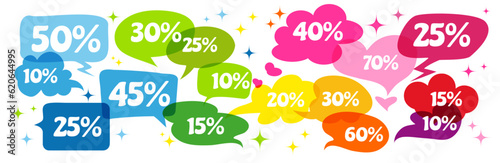 Sale, discount labels. Discounts tag. Promotions. Colorful speach bubbles, drop price, Percentage icons background, banner 