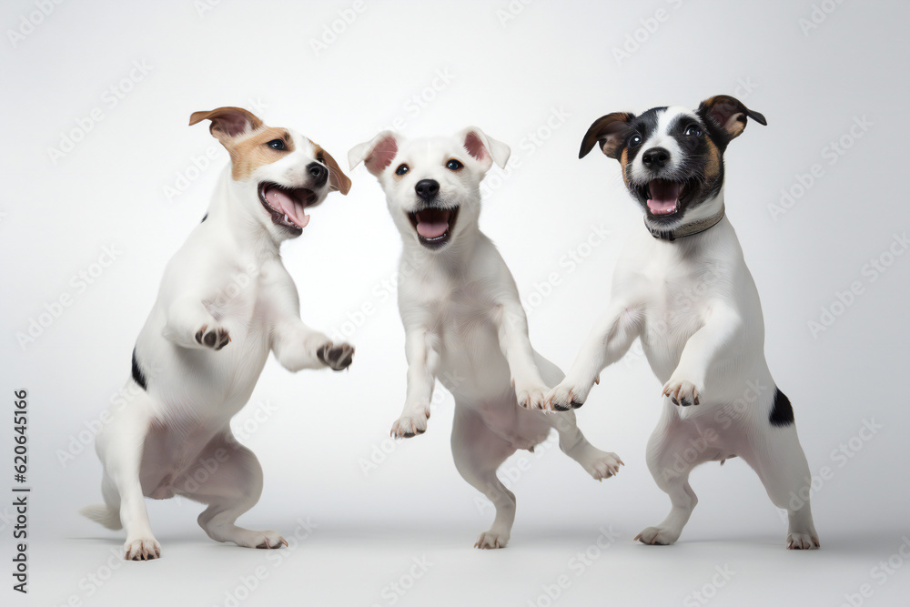Three happy dogs jumping on a white background. Banner concept for pet shop, e commerce pet, veterinary clinics. Generative AI. 