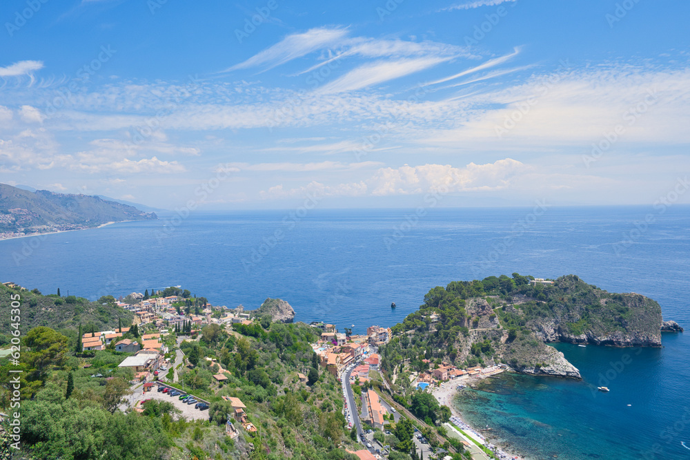 View of Isola Bella in Taormina, Sicily, Italy, blue sea