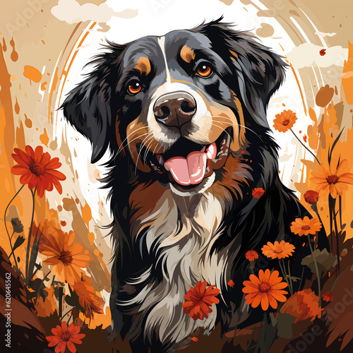 Bernese Mountain Dog with flowers close-up watercolor illustration.
