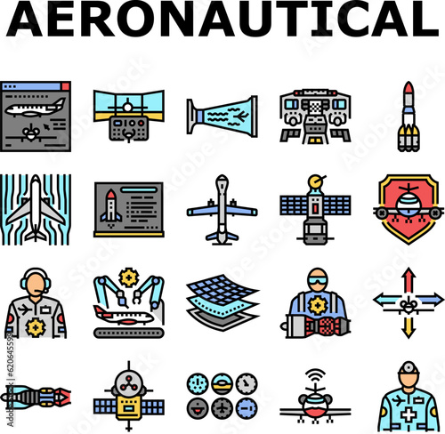 aeronautical engineer aircraft icons set vector. transportation aviation, plane mechanical, engine industry, mechanic turbine aeronautical engineer aircraft color line illustrations