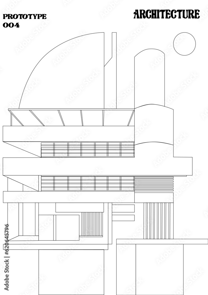 Edificio estilo bauhaus de diseño con formas rectas y geométricas, ilustración de casa en formas rectas para portada de libro, cartel, poster o impresión.
