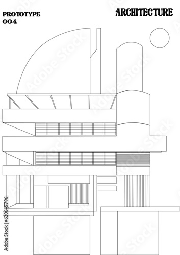 Edificio estilo bauhaus de diseño con formas rectas y geométricas, ilustración de casa en formas rectas para portada de libro, cartel, poster o impresión.