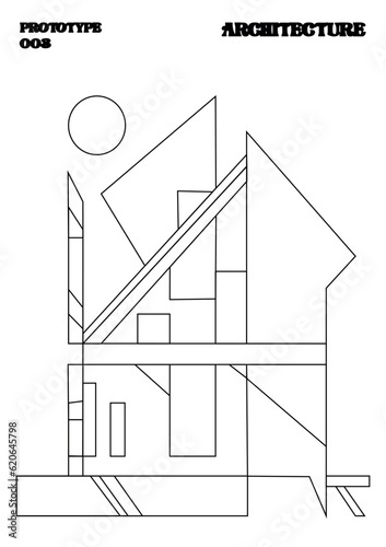 Casa estilo bauhaus en formas geométricas, arquitectura de casa bauhaus, portada para libro, carteles, posters.