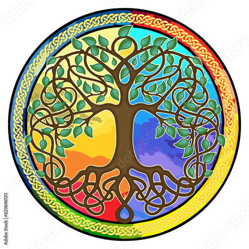 Tree of Life with celtic circle colorfull watercolor.
