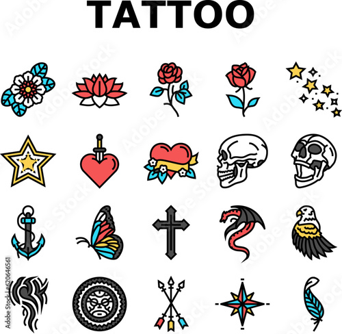 tattoo art rose vintage style icons set vector. flower retro, drawing ink, old traditional, american anchor, skull woman tattoo art rose vintage style color line illustrations