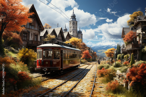 A train passing by a picturesque countryside village, with colorful houses and a quaint railway station.  Generative AI technology.