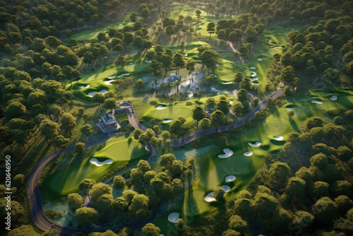 A bird's-eye view of a golf course with fairways winding through a dense forest.  Generative AI technology. photo