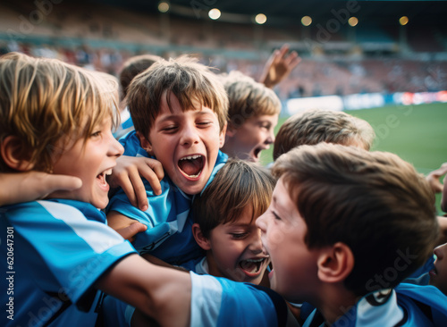 children football team celebrating victory. Generative AI