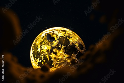 Cartoon full moon, stars, yellow hue, space, night sky & Halloween. Generative AI