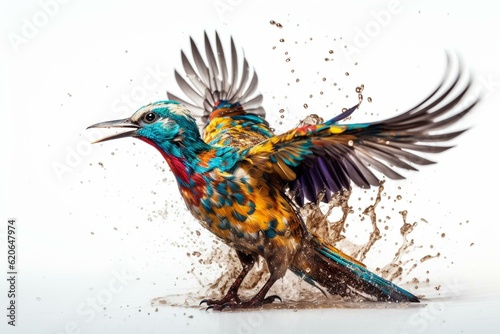 A vibrant bird with colorful feathers, splashes and spots on white background. Generative AI