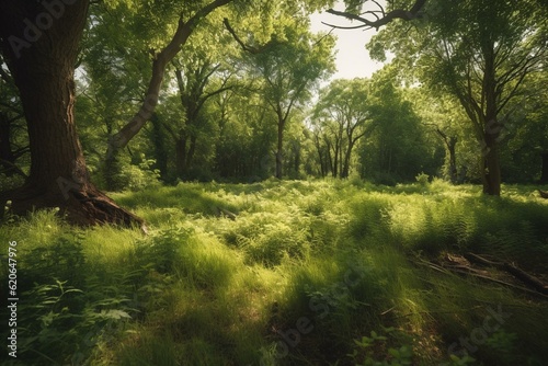 Lush summer woodland with greenery and clear skies. Generative AI