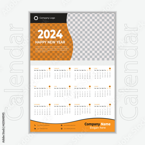 Monthly wall calendar design for 2024 new year. 