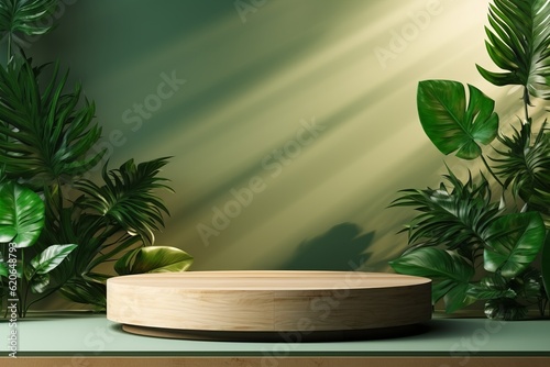 Abstract natural organic green scene with geometric wood podium display background for product presentation  mock up  cosmetic product stand  3d rendering.