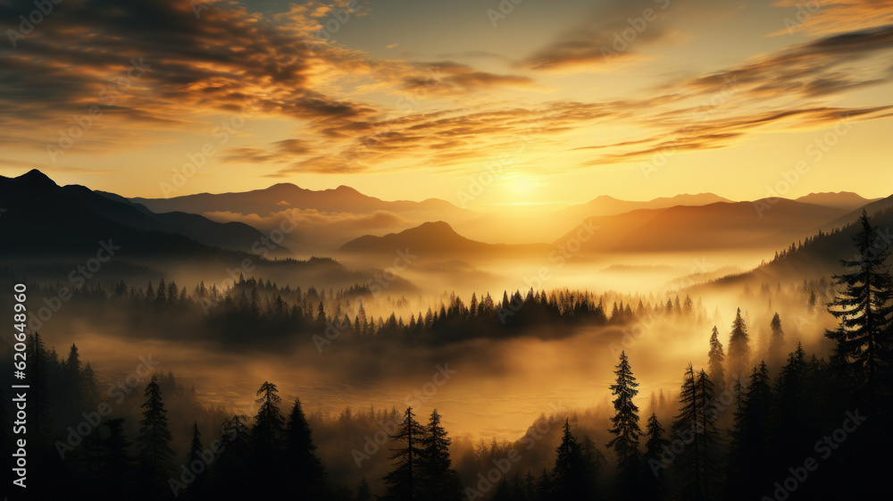 foggy morning landscape with mountains, forest and trees at sunrise