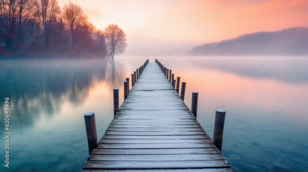 wooden pier or jetty on lake on misty morning sunrise