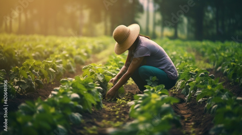 woman farmer planting crops and plants in field. agriculture and farming photo