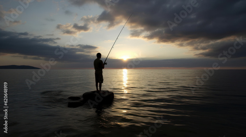 fisherman fishing with rod on rock over sea at sunset