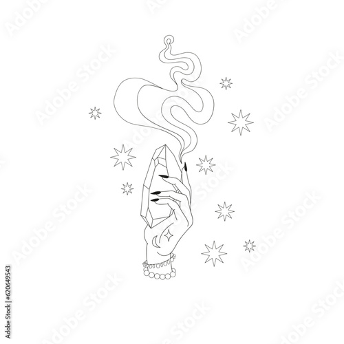 Witch hand with crystal fortune teller vector illustration. Groovy boho magic print design. Mystical Halloween vibes clipart.