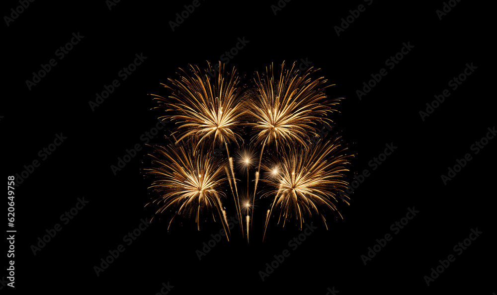 Party New Year design, Golden Shining Fireworks with golden stars. All light effects, stars isolated and grouped. Shining elements 2024. Holiday fireworks. golden Firework on black background Festive,