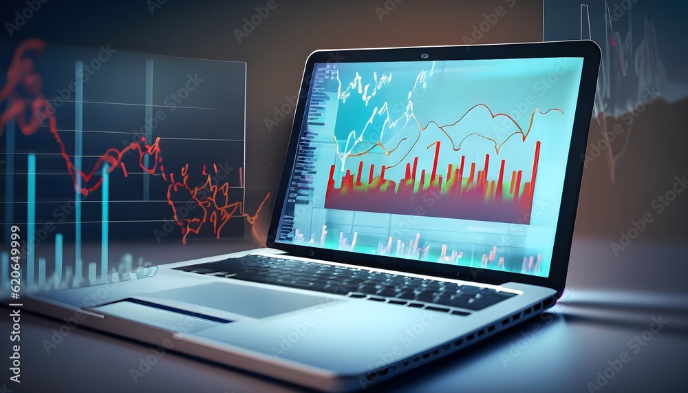 A laptop with graphs and trending markets. computer, business, monitor, chart, technology, graph, tablet, screen, display, laptop, digital, internet, trading, data, AI Generated A laptop with graphs and trending markets. computer, business, monitor, chart, technology, graph, tablet, screen, display, laptop, digital, internet, trading, data, AI Generated