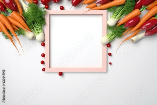 Around the square frame are fresh carrots, parsley, onions and other vegetables. Generative AI