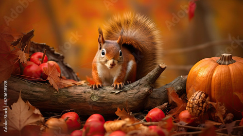 red squirrel in autumn park. 