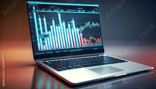A laptop with graphs and trending markets. laptop, computer, business, screen, technology, pc, keyboard, chart, graph, monitor, internet, notebook, display, digital, network, AI Generated © Al Baloshi