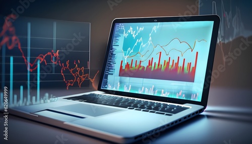 A laptop with graphs and trending markets. computer, business, monitor, chart, technology, graph, tablet, screen, display, laptop, digital, internet, trading, data, AI Generated