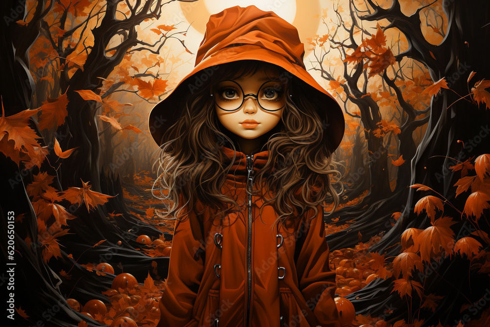 illustration of a girl in a hat and big glasses and a trench coat in an autumn forest