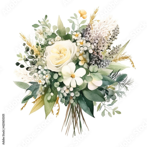 Classic white flowers, greenery design wedding spring bouquet. Floral summer watercolor. Elements are isolated