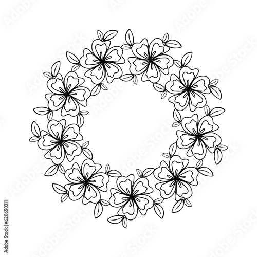 Flower and leaves circle wreath for cut. Black ink doodle floral frame