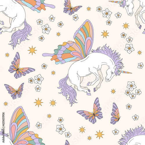 Unicorn with butterfly wings vector seamless pattern. Witchy Halloween background. Groovy boho magic surface design.