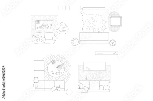 Architectural Drawings, vector interior, living room illustration, top view, human sit on sofa, Minimal style hand drawn. Sections, Elevations, Floor Plans.