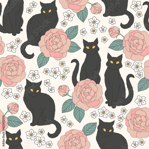 Black cat and roses florals vector seamless pattern. Witchy Halloween background. Groovy boho magic surface design.